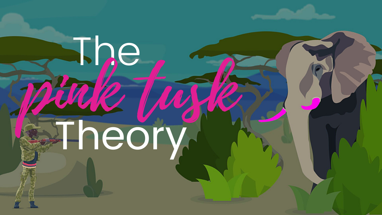 Graphic with the episode title "The Pink Tusk Theory" showing an Elephant standing in the trees with bright pink tusks.