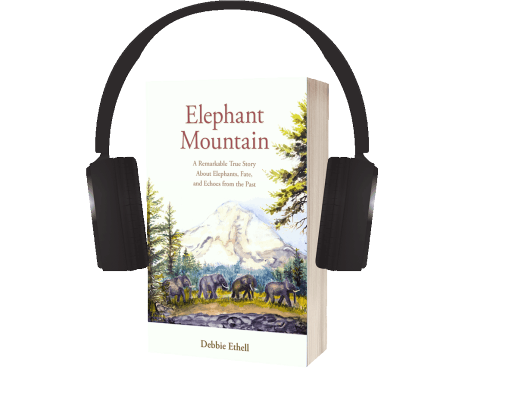 Elephant audiobooks cover Elephant Mountain narrated by author Debbie Ethell featuring a watercolor painting of a line of elephants walking beneath a mountain in the Pacific Northwest.