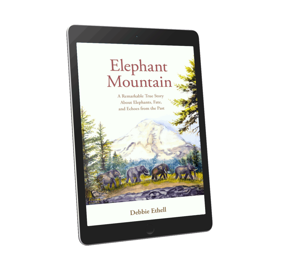 Elephant Mountain elephant books for adults by Debbie Ethell featuring four elephants walking in single file below a mountain.