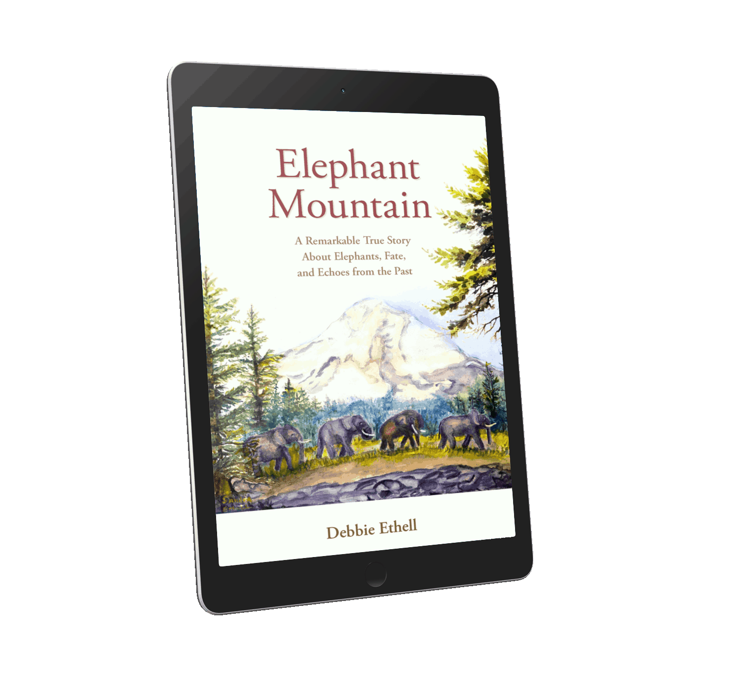 3-D book cover of The Will of Heaven: An Inspiring True Story About Elephants, Alcoholism, and Hope, white cover with watercolor painting of girl with long blonde hair reaching out to an elephant, author Debbie Ethell.