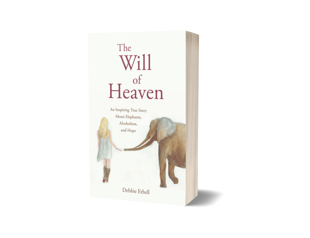 Book cover for The Will of Heaven, a true story about addiction featuring true elephant stories; shown in watercolor as a girl and an elephant reach out to each other.