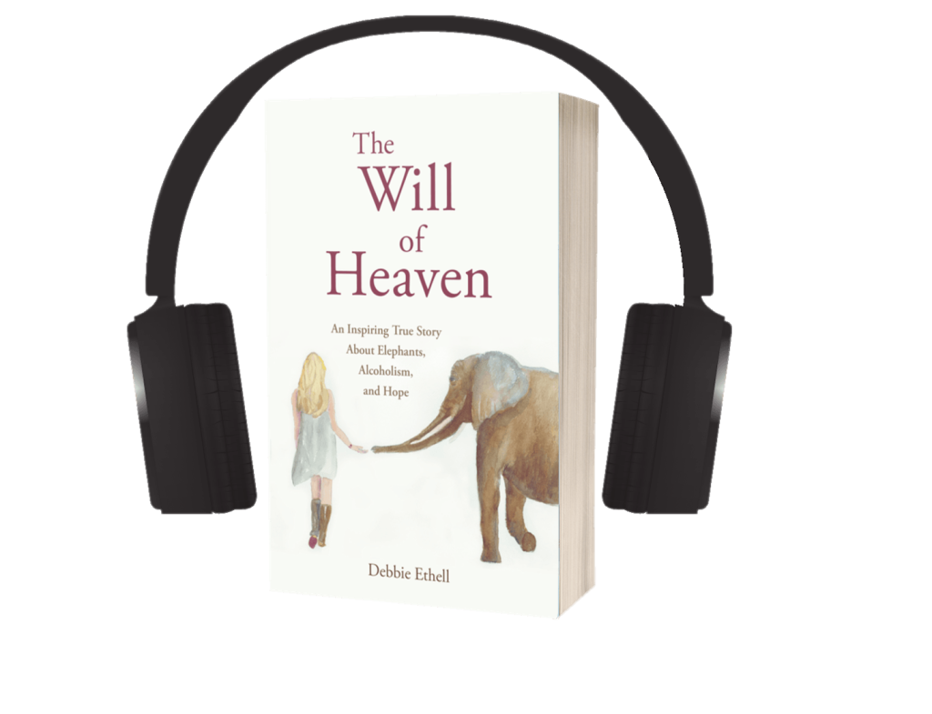 Audio cover for The Will of Heaven, a nonfiction book about animals and addiction, showing a girl and an elephant reaching out to each other.