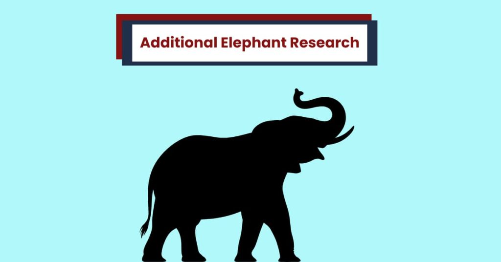 Black graphic outline of an elephant with tusks on a bright blue background with the text "Additional Elephant Research" - exploring how captive elephants are trained in captivity.