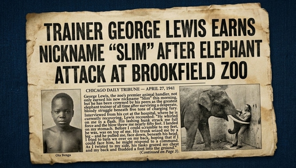 Vintage style newspaper style clipping showing George "Slim" Lewis being pinned between the tusks of an elephant with the headline "Trainer George Lewis Earns Nickname 'Slim'After Elephant Attack at Brookfield Zoo" and a photo of the slave held on display at the Bronx Zoo on the opposite side.