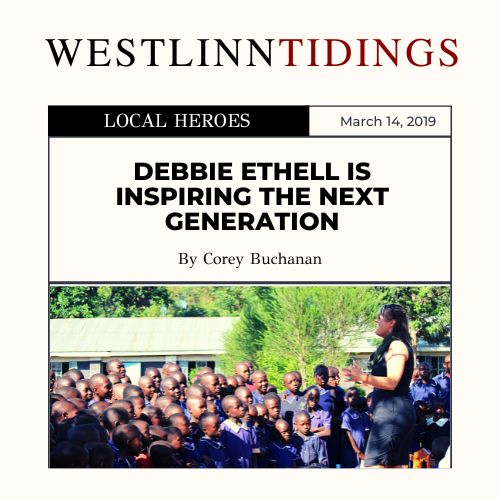 Debbie Ethell teaching a group of students of Kenya on the front page of the West Linn Tidings Newspaper.