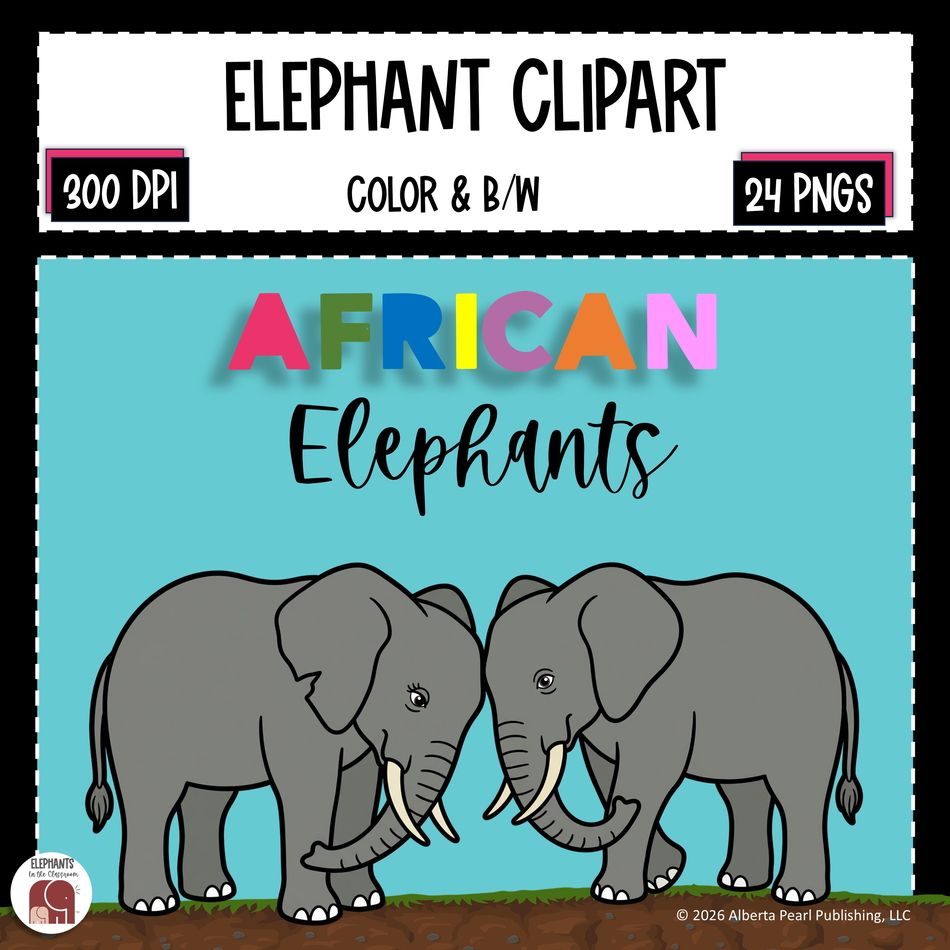 Elephant clipart product cover featuring two African elephants head to head, including one with a noticable notch in his ear.