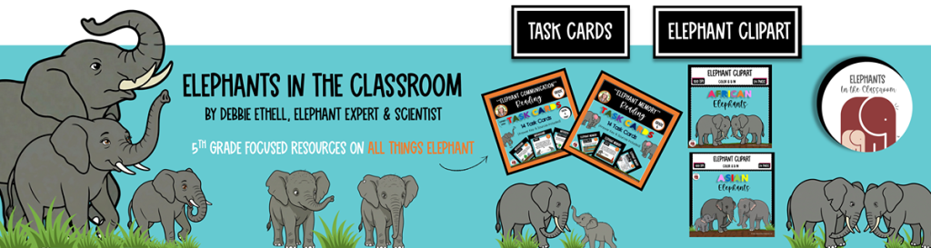 Elephant clpart and task cards thumbnail featuring a collection of African elephant graphics alongside educational task card resources.