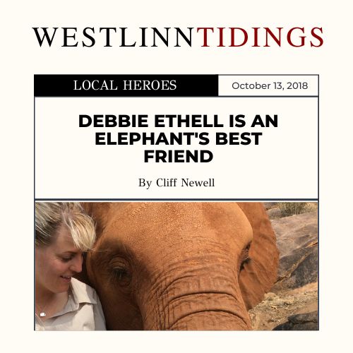 Debbie Ethell standing next to a recently rescued orphaned wild elephant in Kenya with the headline "Debbie Ethell is an Elephant's Best Friend" on the front page of the West Linn Tidings newspaper.