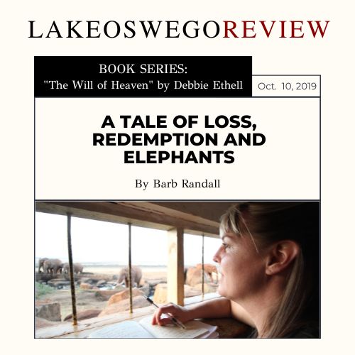 Debbie Ethell researching wild elephants in Kenya sitting in a blind overlooking wild elephants. On the front page of the Lake Oswego Review newspaper.