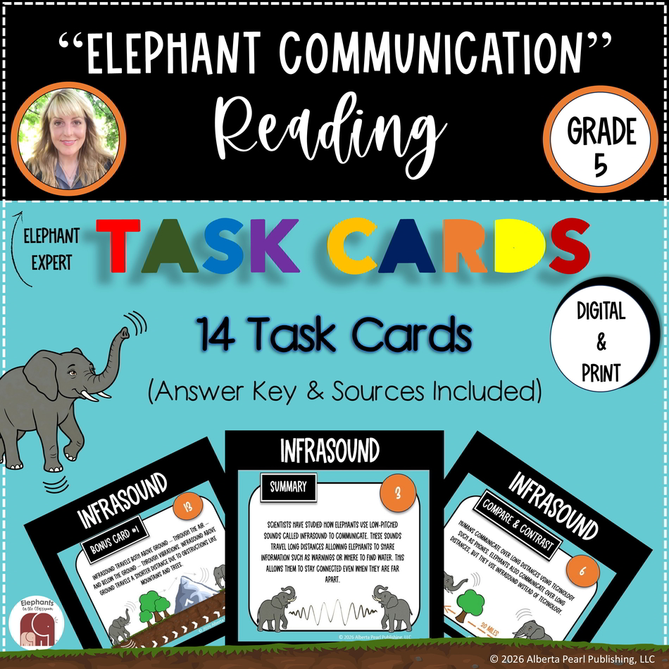 Elephant Communication reading comprehension task cards showing long-distance elephant communication and printable literacy activity cards.