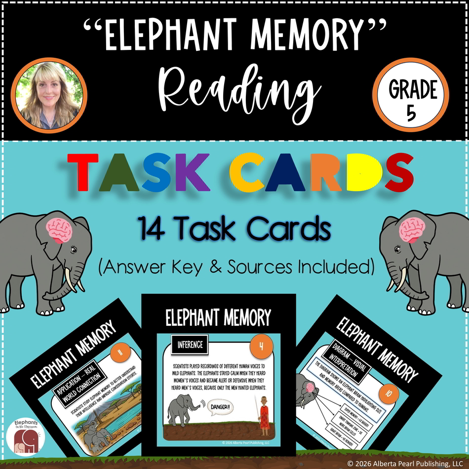 Reading comprehension worksheets PDF thumbnail for Elephant Memory Reading Task Cards featuring elephant brain illustrations and reading task cards.