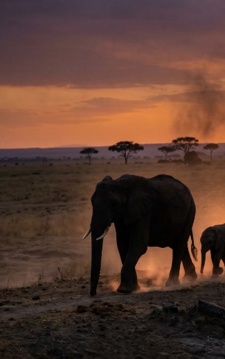 An elephant walking on a savanna at sunset.
