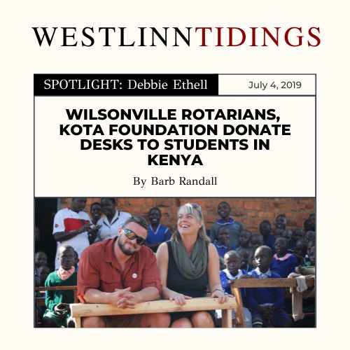 Debbie Ethell and a gentleman sitting at one of the desks they built and donated for a rural school in Kenya. Front page of the West Linn Tidings newspaper.