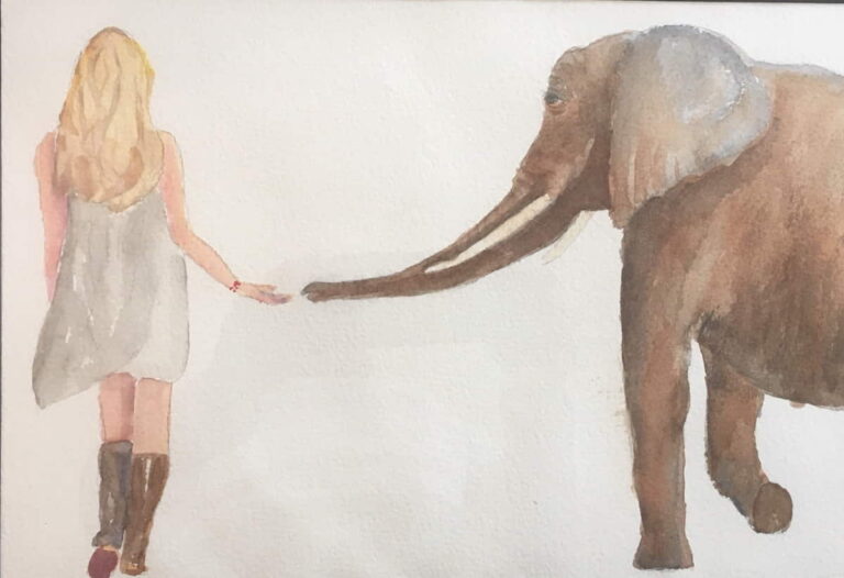 Watercolor painting of a girl reaching out to an elephant who is reaching back. Book cover of The Will of Heaven.