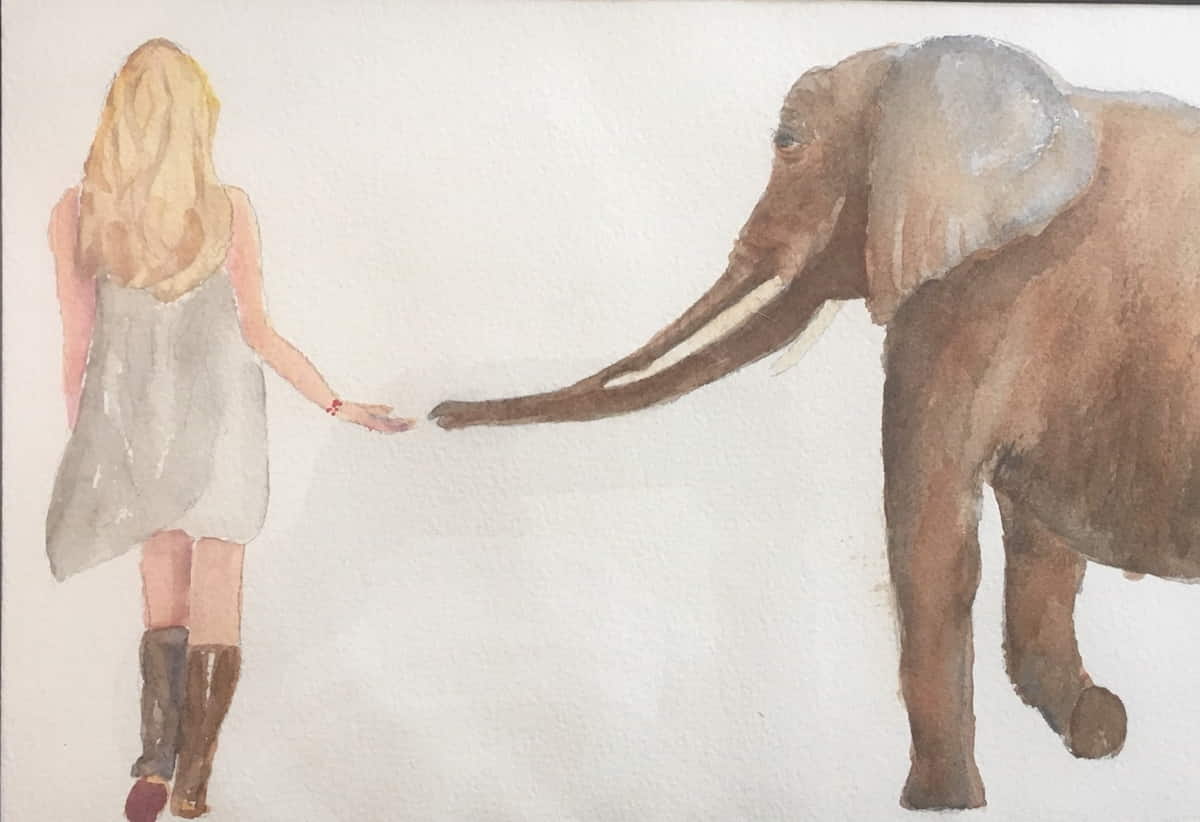 Watercolor painting of a girl reaching out to an elephant who is reaching back. Book cover of The Will of Heaven.