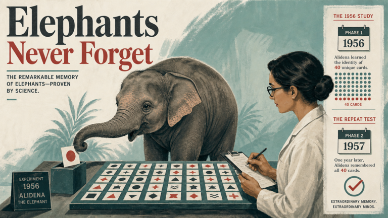 Graphic image of an elephant playing the game of Memory selecting cards with a scientist recording results. The title reads Elephants Never Forget.
