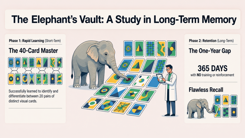 Illustration of an elephant learning 40 visual cards and correctly recalling them after a one-year gap.