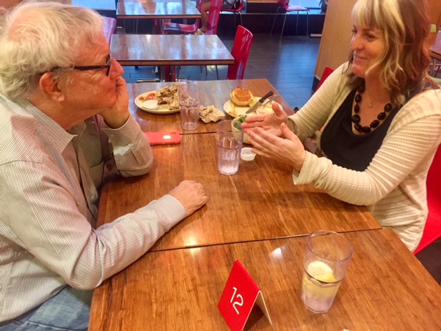 Steven Wise, founder and lead counsel of the Nonhuman Rights Project and elephant scientist Debbie Ethell having dinner discussing a case.
