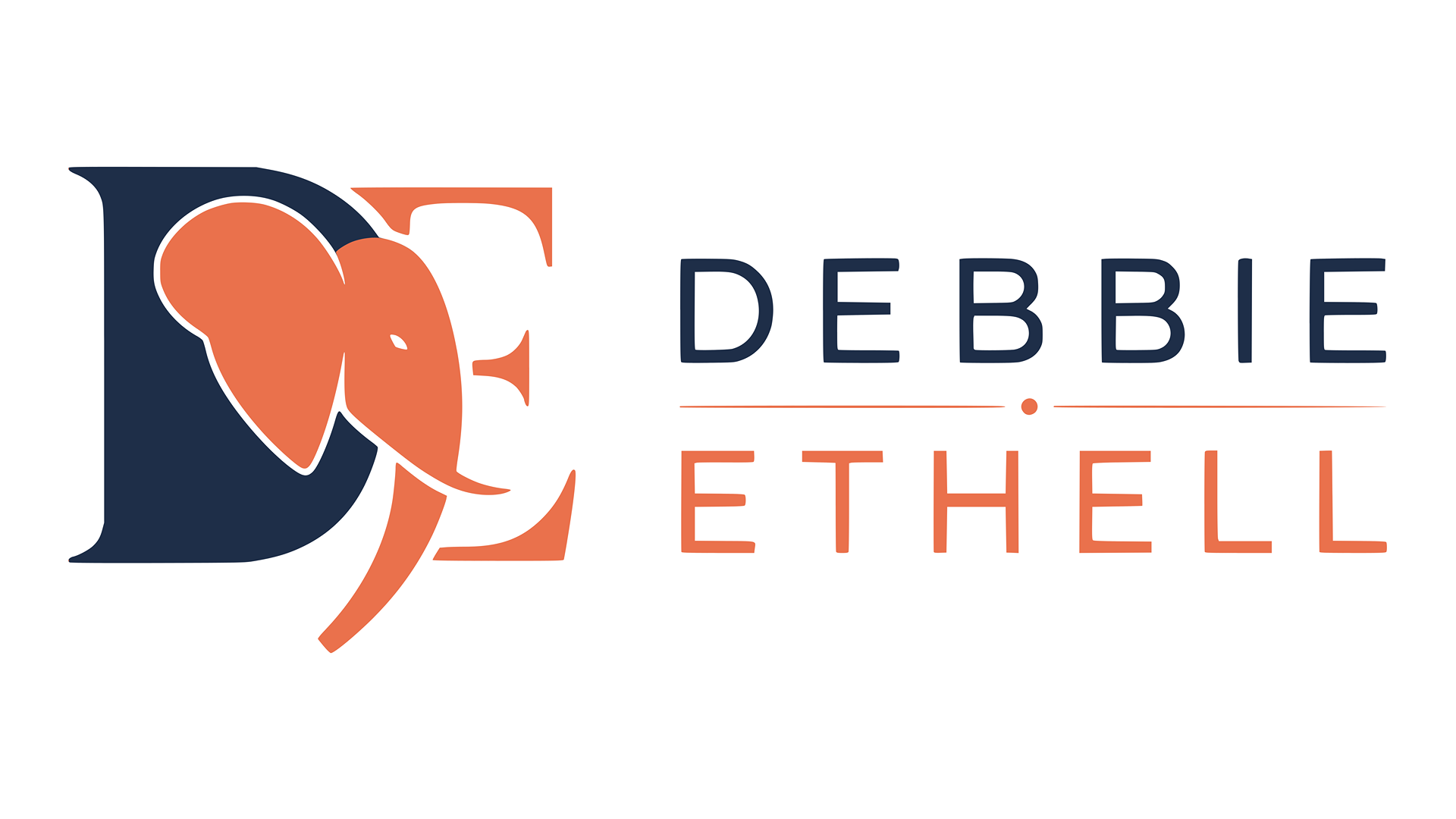 Debbie Ethell, inspirational writer, logo. An elephant head surrounded by the letters D and E.