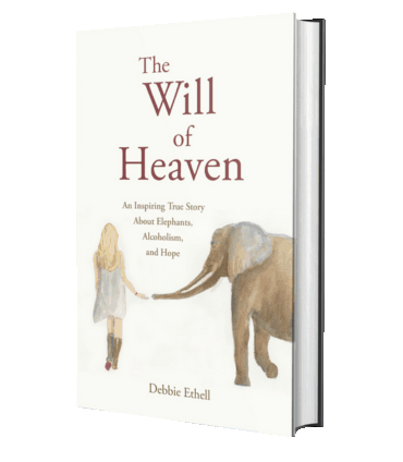 Book Cover for the inspirational memoir The Will of Heaven by Debbie Ethell depicting a watercolor image of a girl reaching out to an elephant who is reaching back.