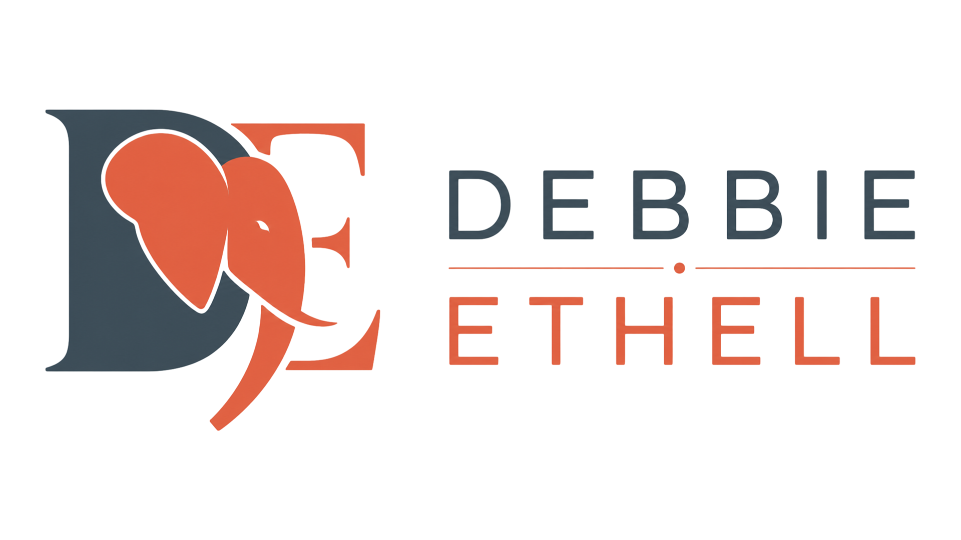 Debbie Ethell, inspirational writer, logo. An elephant head surrounded by the letters D and E.
